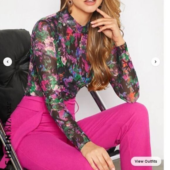 SHEIN BIZwear Floral Print Mock Neck Mesh Top Without Bra womens size medium - Picture 3 of 4